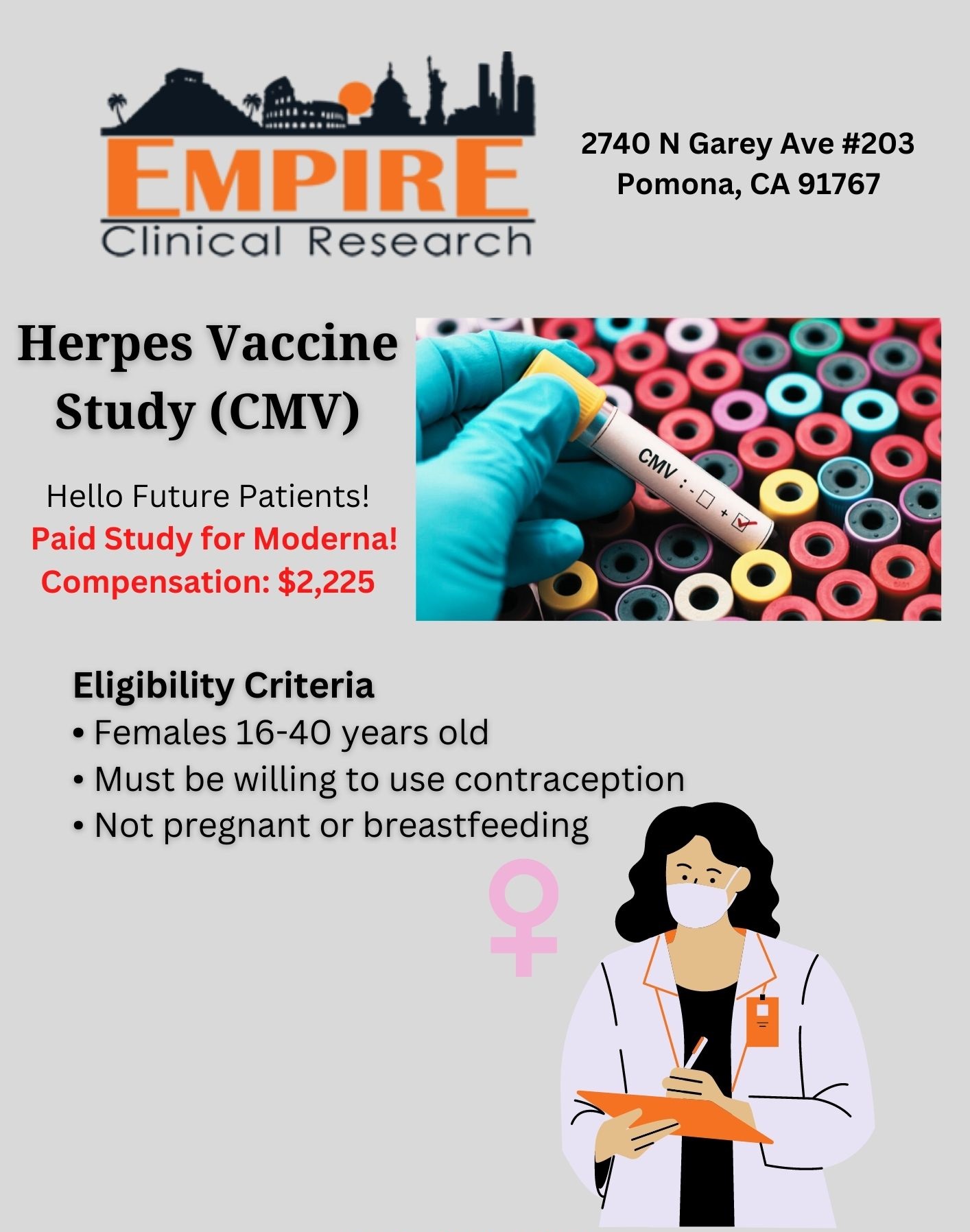 CMV Vaccine for Healthy Female Volunteers 16 to 40 - Pomona CA (Metro Los Angeles)
